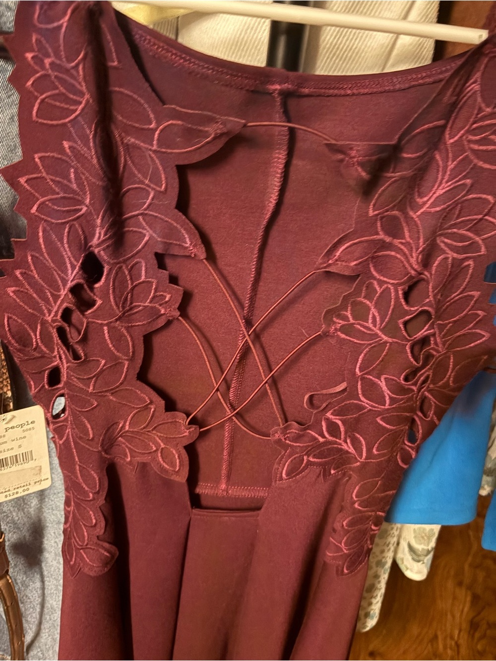 Free People Wine Red Backless Floral Cutout Dress
